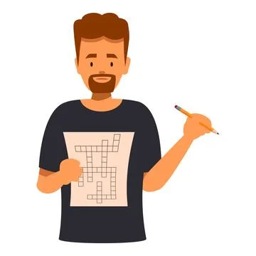 Bearded man solving crossword puzzle, holding pencil and paper Stock Illustration