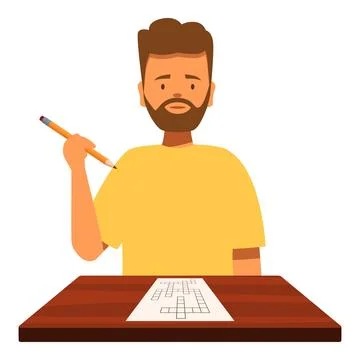 Bearded man solving crossword puzzle with pencil at desk Stockillustratie