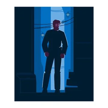 Bearded man standing at night in dark alley with hanging lights Stock Illustration