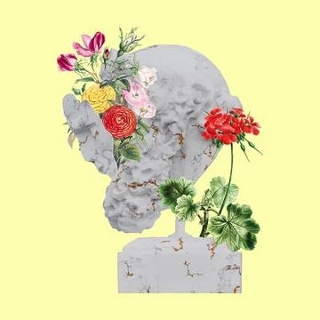 Bearded Man statues 3d render, collage with flower petals compositions for .. Stock Illustration