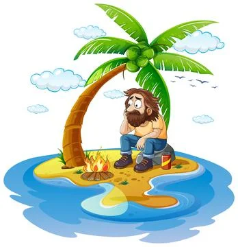Bearded Man Stranded Alone on Desert Island Stock Illustration