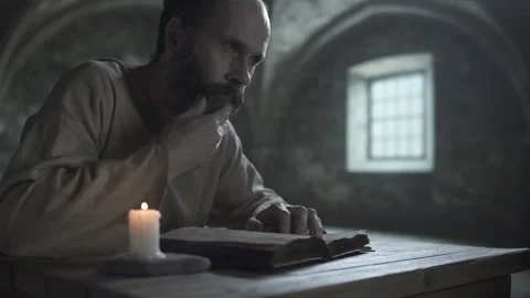 Bearded man stroking his beard and looking up from a book inside a gloomy cell Stock Footage 341466772