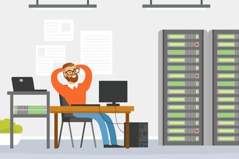 Bearded Man Sysadmin Sitting at Desk Working with Server Rack Cabinet and Stock Illustration