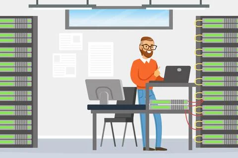 Bearded Man Sysadmin Working with Server Rack Cabinet and Computer Vector Stock Illustration