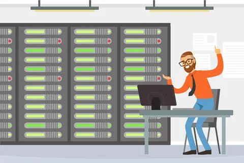 Bearded Man Sysadmin Working with Server Rack Cabinet and Computer Vector Illustrazione stock