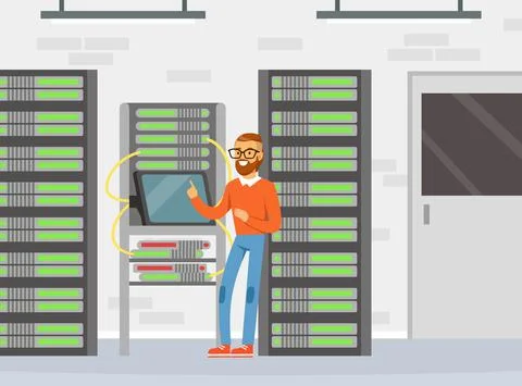 Bearded Man Sysadmin Working with Server Rack Cabinet and Computer Vector Illustrazione stock