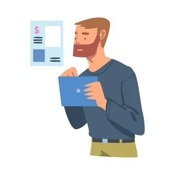 Bearded Man with Tablet PC Analyzing Financial Profit Growth and Evaluating Illustrazione stock