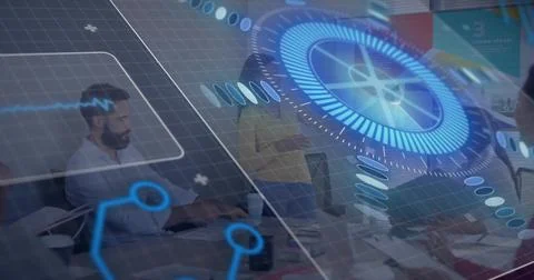 Bearded man taking notes in meeting as presenter gesturing, blue AR HUD sliding, Stock Photos