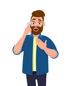Bearded man is talking on the cell phone with shocking expression. Stock Illustration