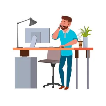 Bearded man talking with client on phone and checking order on computer carto Stock Illustration