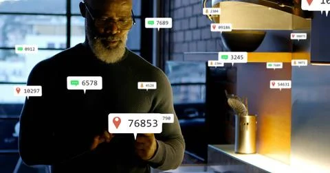 Bearded man tapping phone, summoning floating chat and location badges around Stock Photos