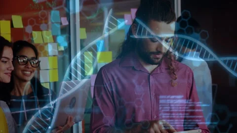Bearded man tapping tablet, researchers analyzing results near sticky glass, 3D Stock Footage 334184924