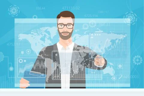 Bearded man trader touching the computer screen while browsing forex diagrams Stock Illustration