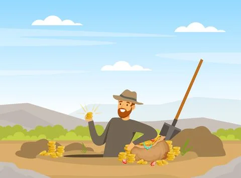 Bearded Man Treasure Hunter Finding Sack with Precious Jewel Vector Illustration Stock Illustration