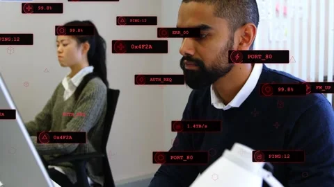 Bearded man typing and starting network scan while monitoring performance, red Stock Footage 333657621