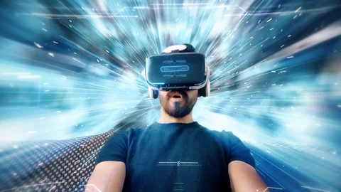 Bearded man uses VR-headset display for virtual reality game. Video stock 104300545