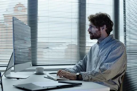 Bearded Man Using Computer in IT Company 写真素材