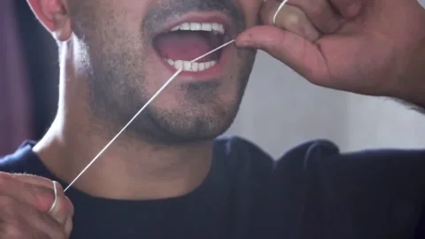 Bearded Man Using Dental Floss Close Up Oral Care Routine Видео 334563197