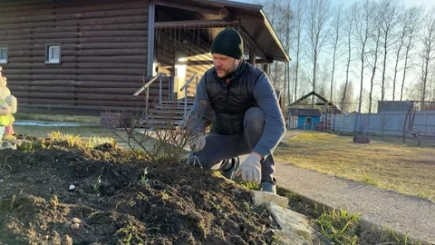Bearded man using hand cultivator tool to loosen soil on a flower bed Video stock 346034634