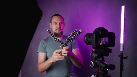 Bearded man vlogger talking in front of camera Video stock 156556659