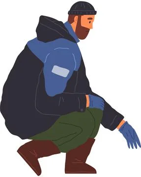 Bearded man in warm jacket standing and looking down. Serious guy in winter Stock Illustration