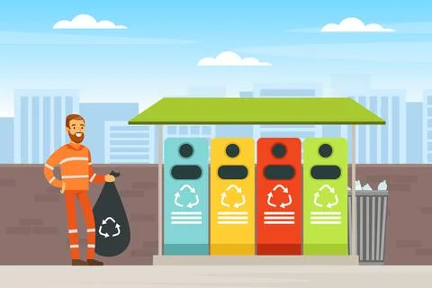 Bearded Man Waste Collector or Garbageman in Orange Uniform Collecting Municipal Stock Illustration