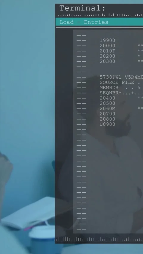 Bearded man watching terminal overlay sliding in and scrolling codes covering Stock Footage 330982732