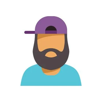 Bearded man wearing purple baseball cap and blue t shirt, flat design illus.. Stock Illustration