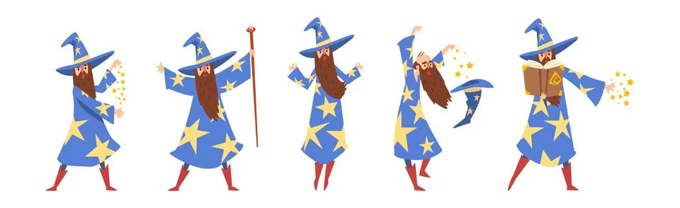 Bearded Man Wizard in Pointed Hat Vector Set Stock Illustration