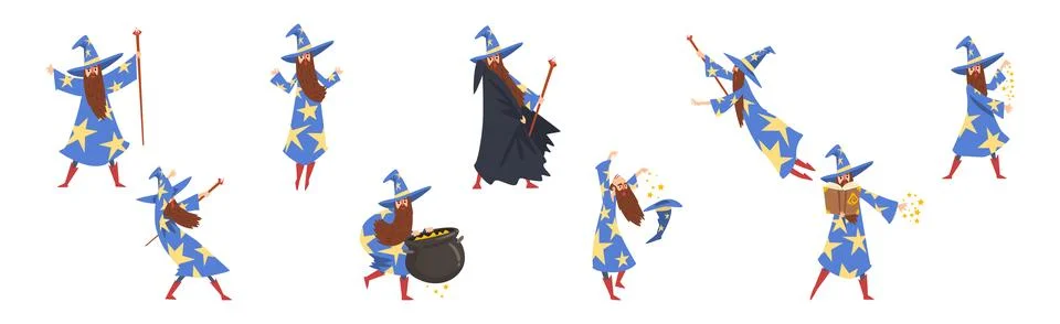 Bearded Man Wizard in Pointed Hat Vector Set Stock Illustration