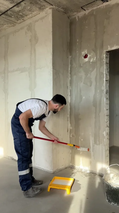 A bearded man in a work uniform is priming the walls after applying gypsum Stockbeeldmateriaal 346692489