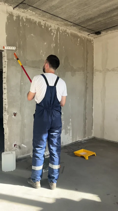 A bearded man in a work uniform is priming the walls after applying gypsum Stock-Footage 346692571
