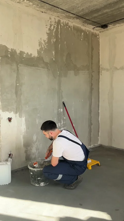 A bearded man in a work uniform is priming the walls after applying gypsum Stock Footage 346693081