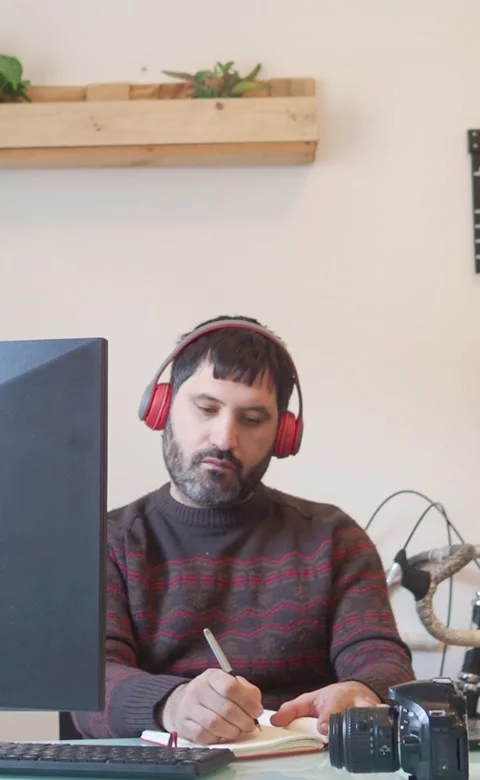 Bearded man working in front of a computer in a office writing in a notebook Stock Footage 208925892