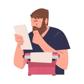 Bearded Man Writer Character at Typewriter Reading Paper Sheet Engaged in Stock Illustration