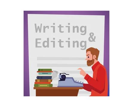 Bearded man writes text on typewriter flat style, vector illustration Stock Illustration