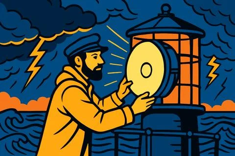Bearded man in yellow coat tends to lighthouse lantern during storm Stock Illustration