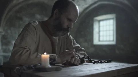 Bearded medieval man wearing a linen shirt scratching his hand, gazing down Stock Footage 341734518