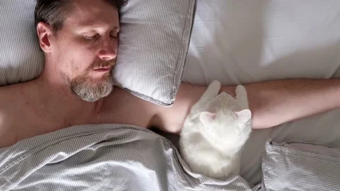 Bearded middle-aged man and his pet white cat sleeping hugging in bed close-up Stock Footage 197542069