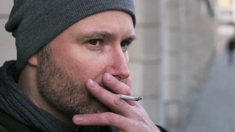 Bearded Middle-Aged Man Smoking a Cigarette. Autumn Stock Footage 82346359