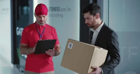 Bearded office manager man receiving crashed fragile parcel box arguing with Stock Footage 151476569