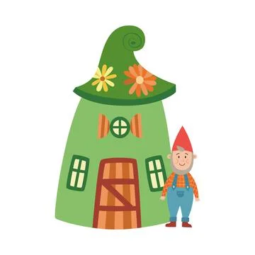 Bearded old gnome next to his tiny fancy house flat vector illustration isolated Illustrazione stock