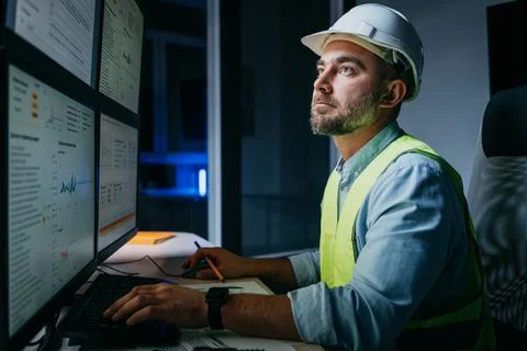 Bearded operator of factory control industry process using monitors Stock Photos