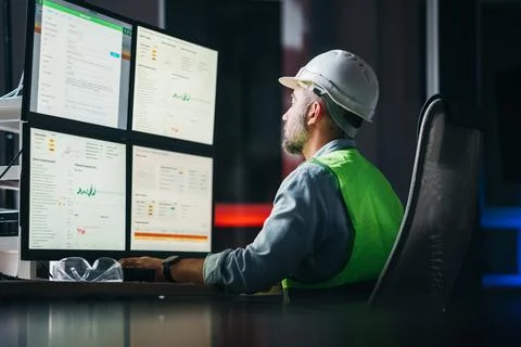 Bearded operator of factory control industry process using monitors Stock Photos