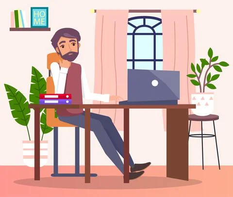 Bearded pensive man sitting at table with laptop, working remotely. Abral. Stay Stock Illustration