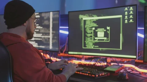 Bearded Programmer Coding Indoors Stock Footage 129813522