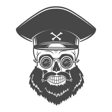 Bearded Skull with Captain cap and goggles. Dead crazy tyrant logo concept Stock Illustration