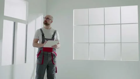 Bearded taskmaster checks spacious renewable room in flat Stock Footage 150395499