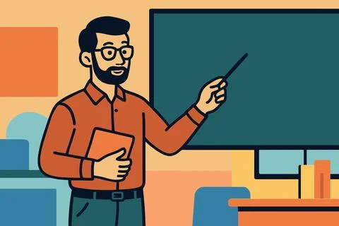 Bearded teacher with glasses points to blackboard holding a book イラスト素材