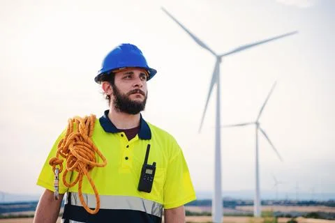 Bearded technician engineer of windmill and renewable energy industry working Stock Photos